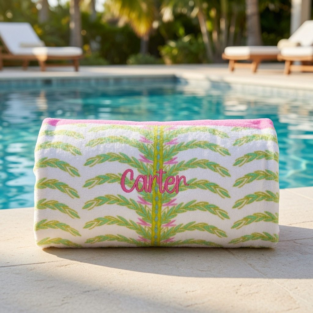 Personalized beach towel with custom name embroidery