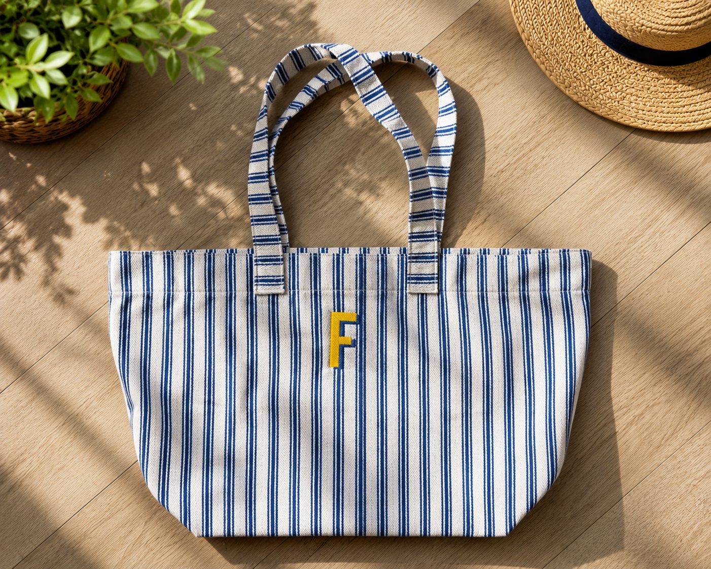 Striped canvas tote with custom monogram embroidery