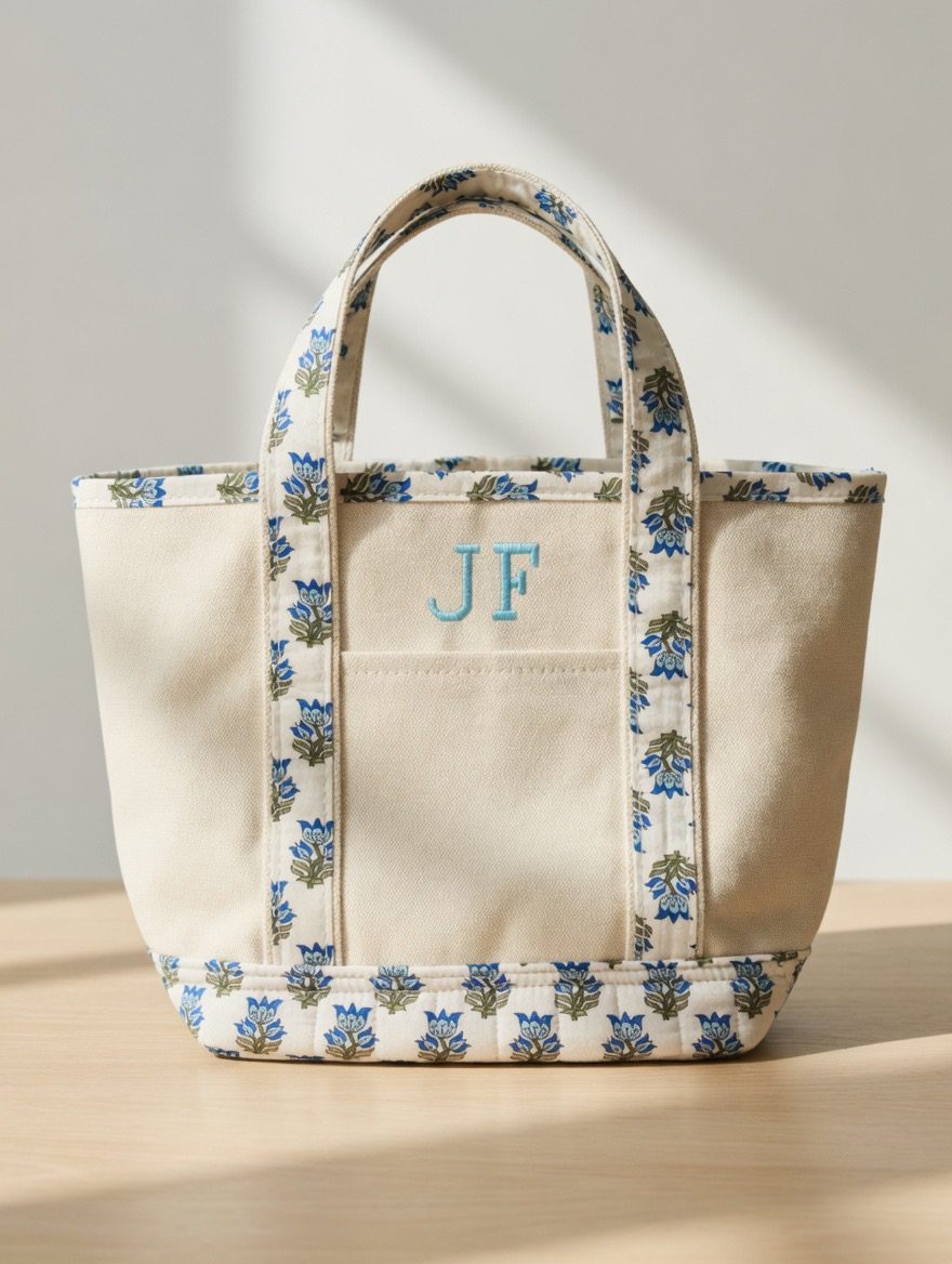 Floral canvas tote with custom monogram embroidery
