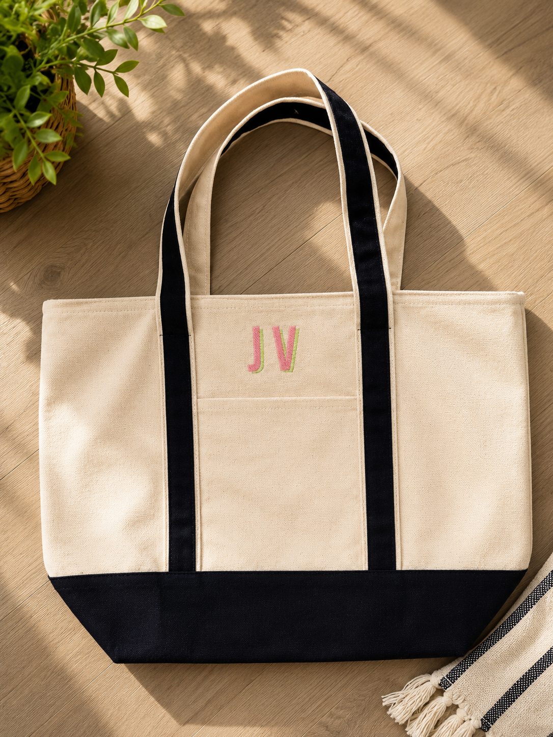 Canvas tote with custom monogram embroidery