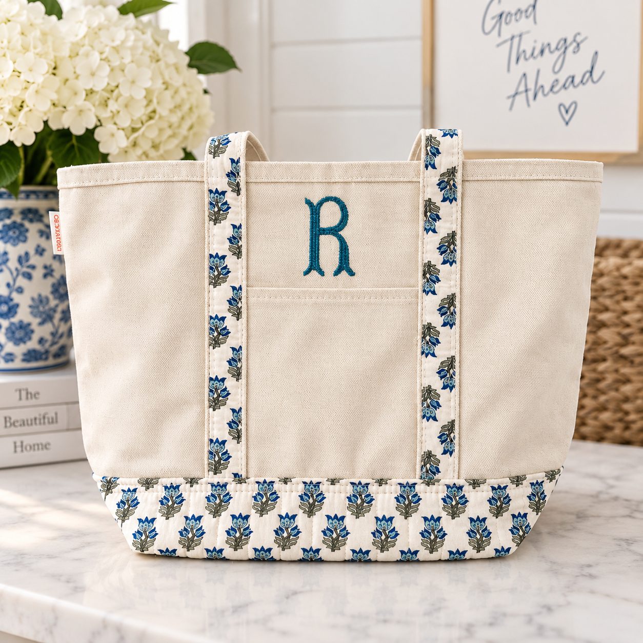 Floral-trim canvas tote with custom monogram embroidery