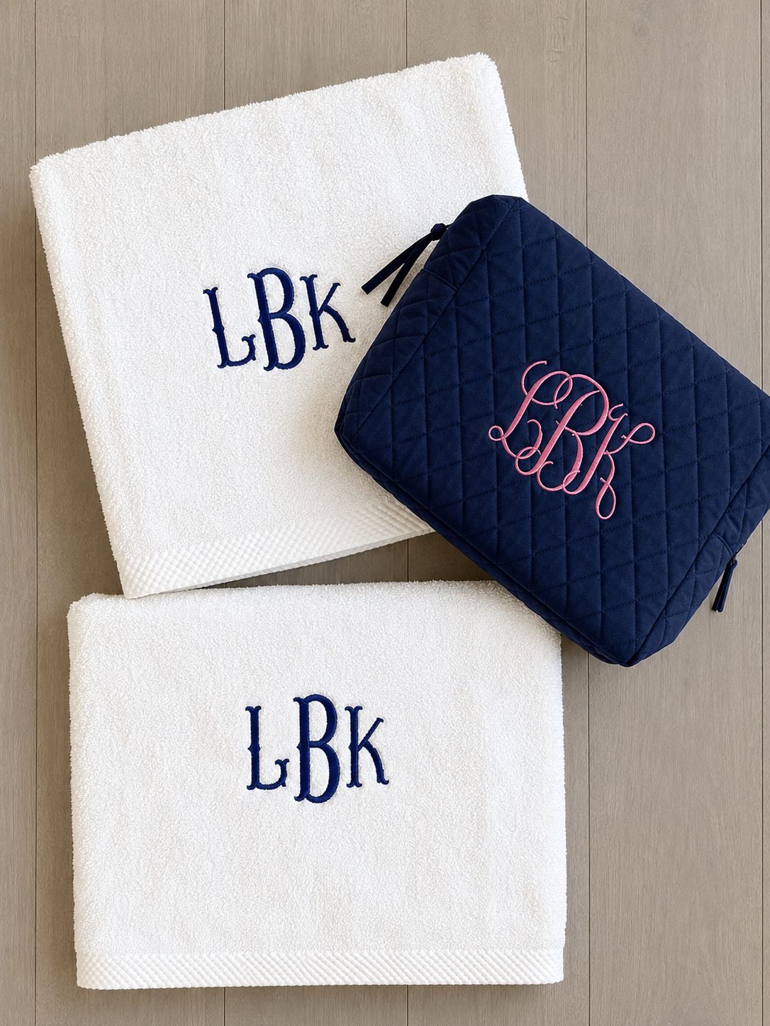 Personalized towels with matching embroidered pouch